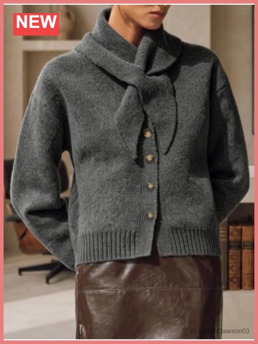 V Neck Knit Cardigan Sweater with Scarf Loose Fit - Picture 3 of 4
